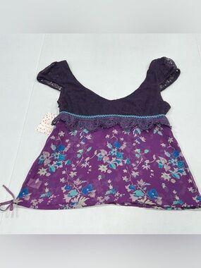 Free People Purple Haze Floral Babydoll Tunic Vintage Top Size 8 Cotton Silk